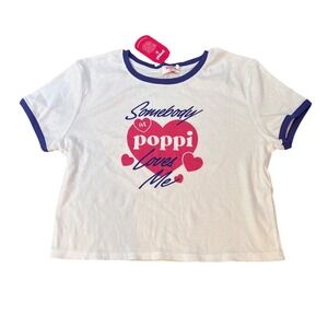 Poppi Ringer Graphic Tee Women White Blue Retro Ribbed NWT SIZE XXL